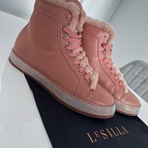 SOLD!!! Le Silla new Swarovski leather pink fur high top sneakers authentic